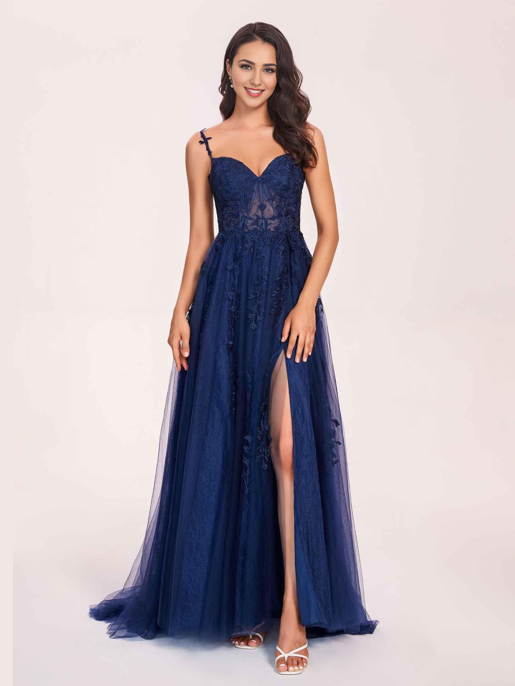 Dark Navy Spaghetti Strap Long Mopping The Floor Floral Style Formal Prom Dress