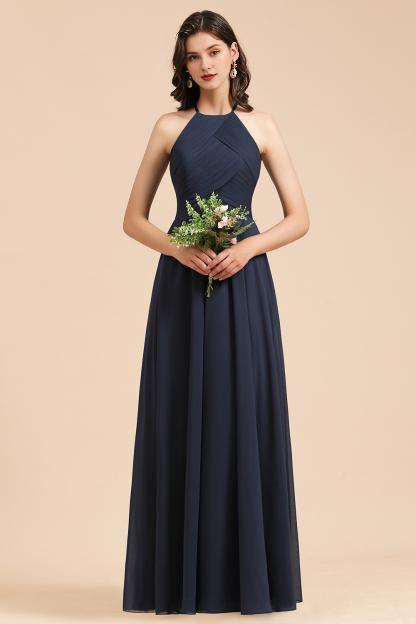 Elegant Black Halter Sleeveless Bridesmaid Dress Gown
