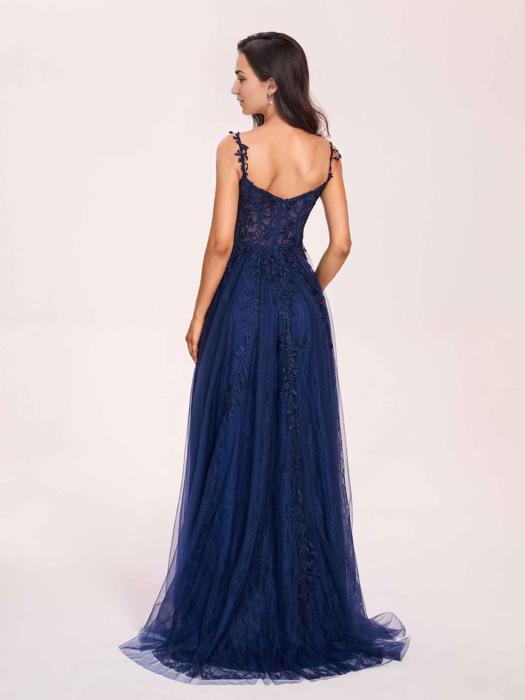 Dark Navy Spaghetti Strap Long Mopping The Floor Floral Style Formal Prom Dress