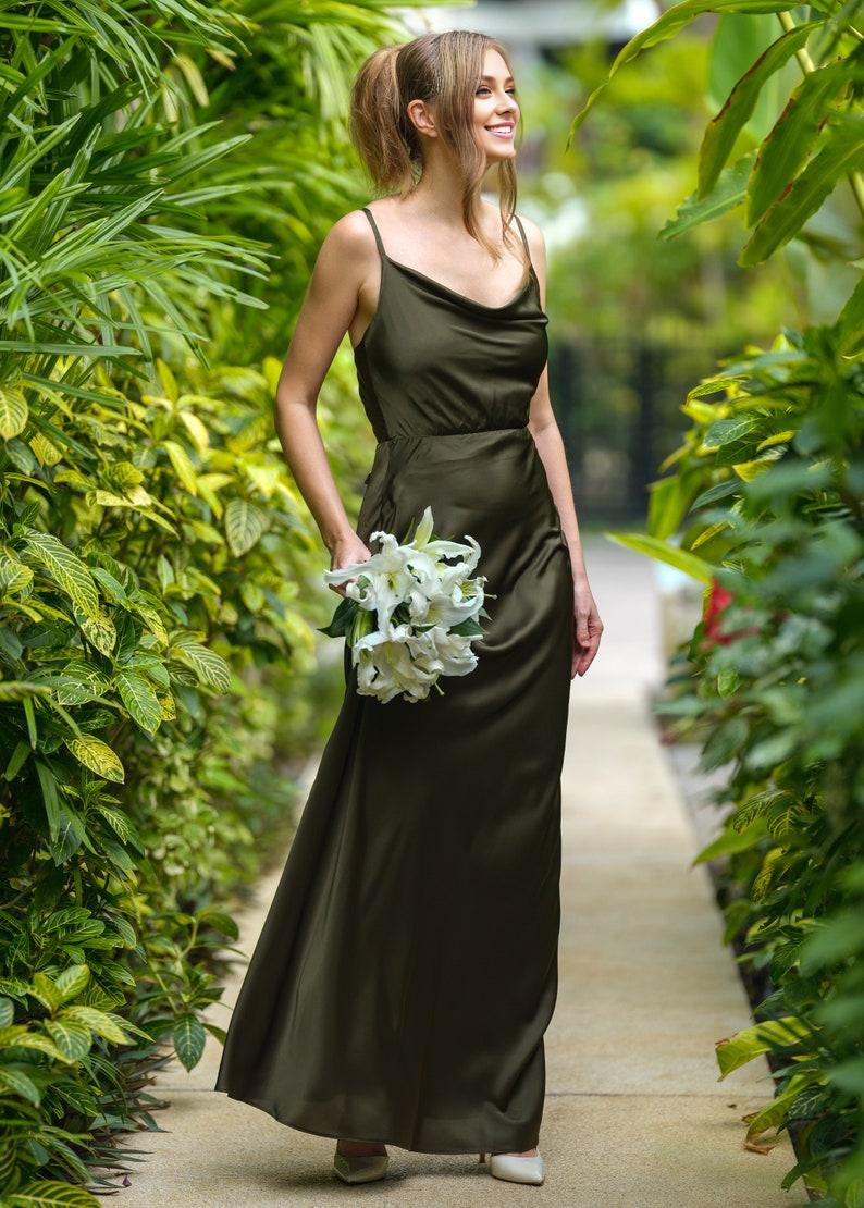 Dark Olive Spaghetti Strap Floor Length Formal Bridesmaid Ball Dress