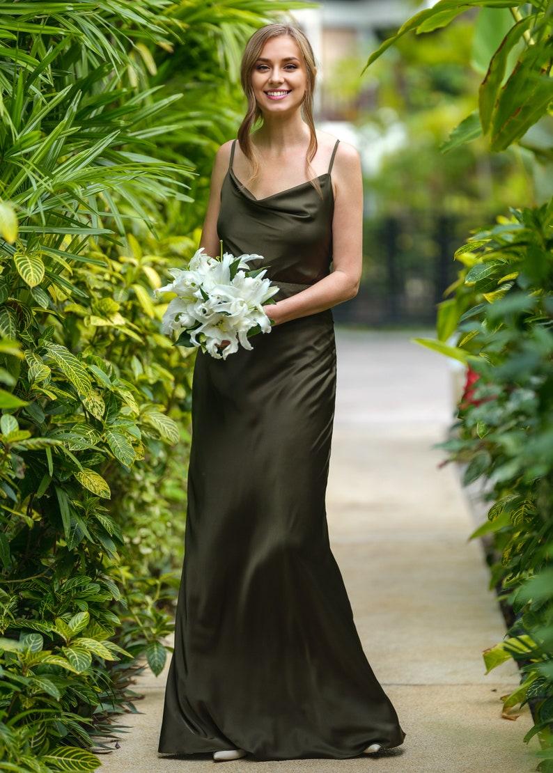 Dark Olive Spaghetti Strap Floor Length Formal Bridesmaid Ball Dress