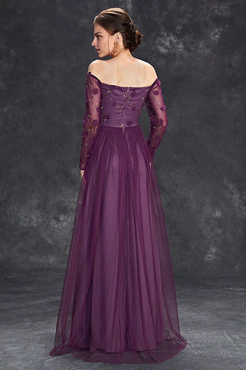 Tulle Off The Shoulder Dark Purple Mother of the Bride Dresseswith Sleeves