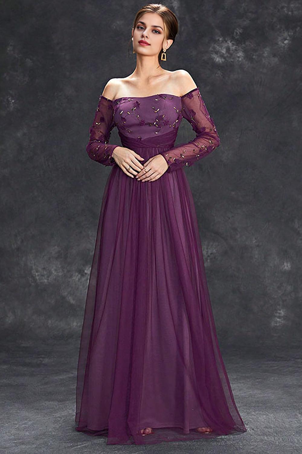Tulle Off The Shoulder Dark Purple Mother of the Bride Dresseswith Sleeves