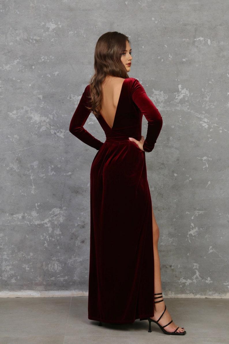 Dark Burgundy Dress Prom Dress Velvet Dress Deep V Open Back Long Sleeve Dress High Wrap Slit Evening Dress