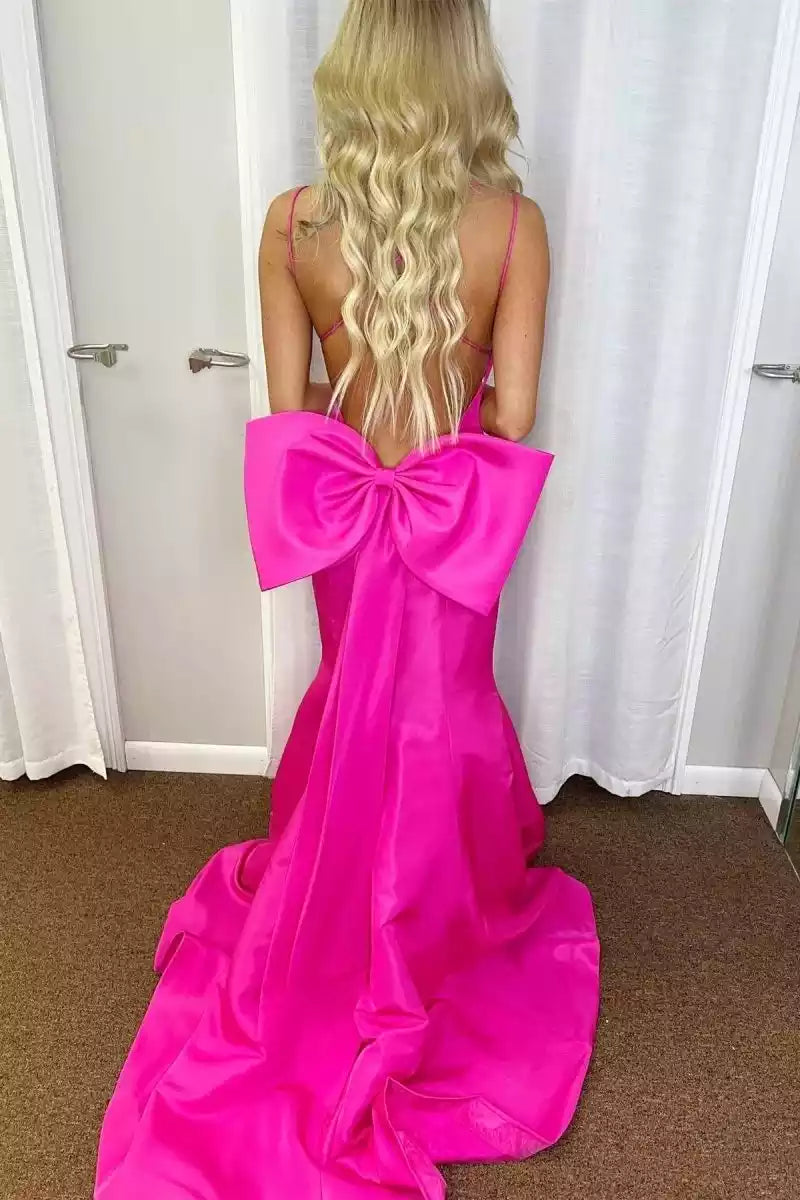 Dazzling V-neck bow back trumpet shaped mermaid sleeveless lace up back Prom Dresses