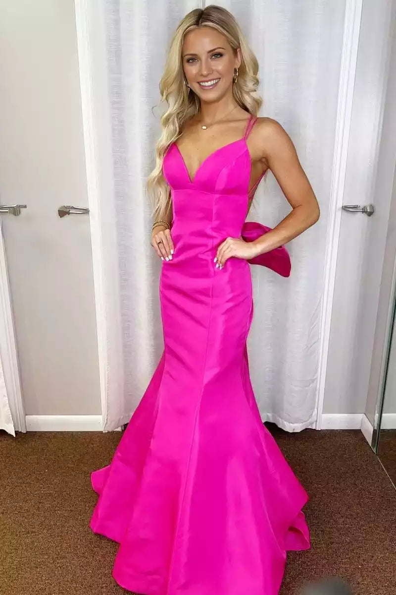 Dazzling V-neck bow back trumpet shaped mermaid sleeveless lace up back Prom Dresses