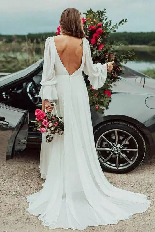 V Neck A Line Long Sleeves Wedding Dresses With Slit