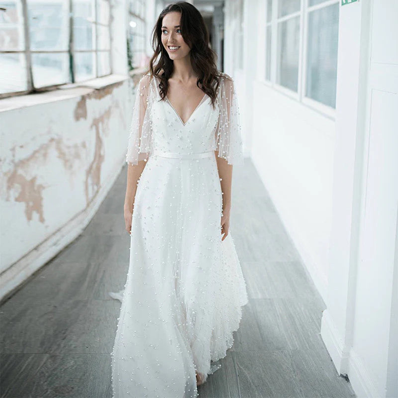 Deep V Neck Drop Sleeves Lace Wedding Dresses White Long Wedding