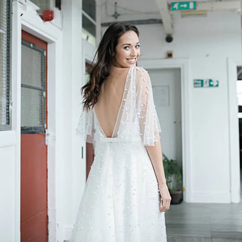 Deep V Neck Drop Sleeves Lace Wedding Dresses White Long Wedding