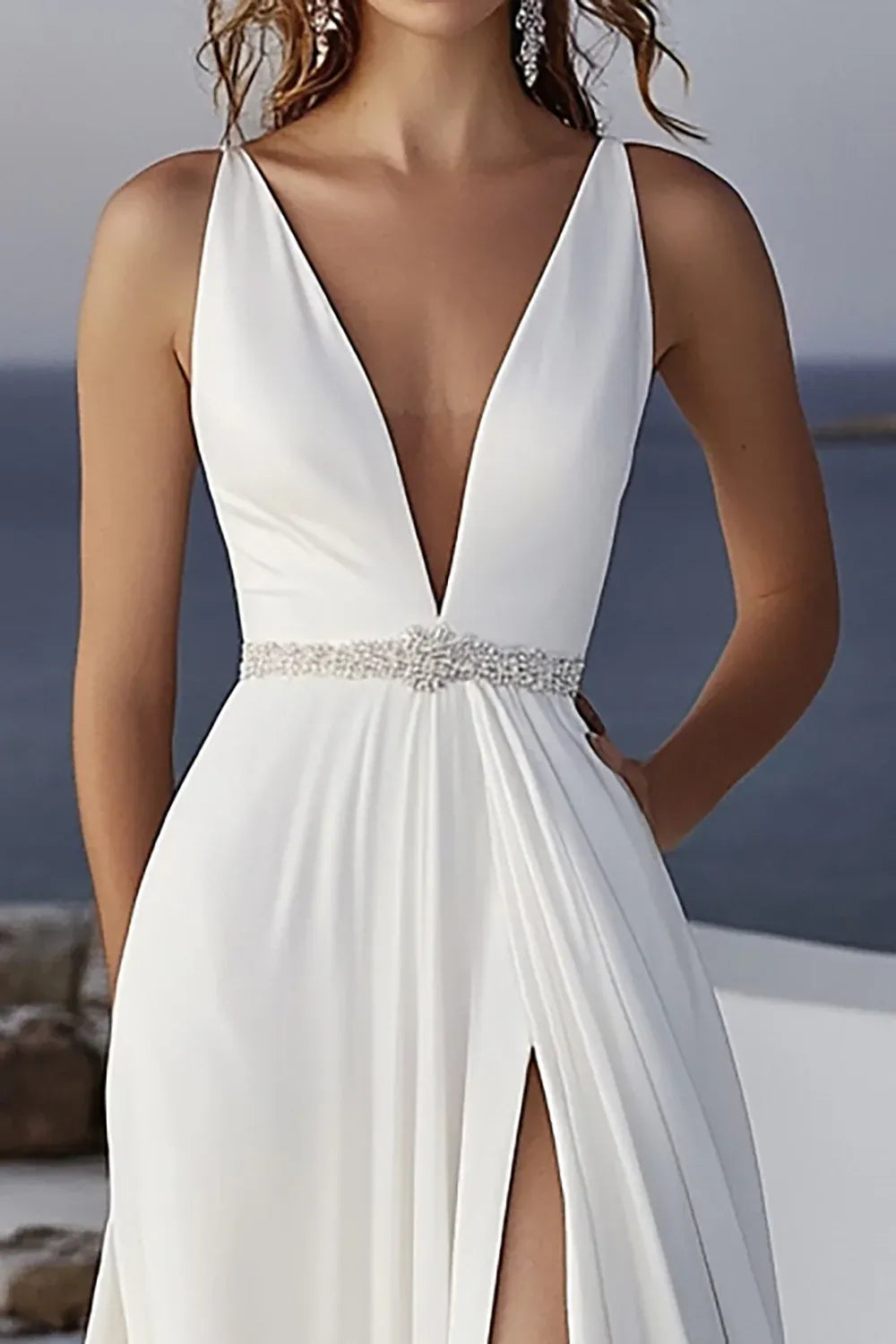 Deep V-Neck Chiffon A-Line Wedding Dress with Beaded Waist & Slit - Modern Beach Bridal Gown