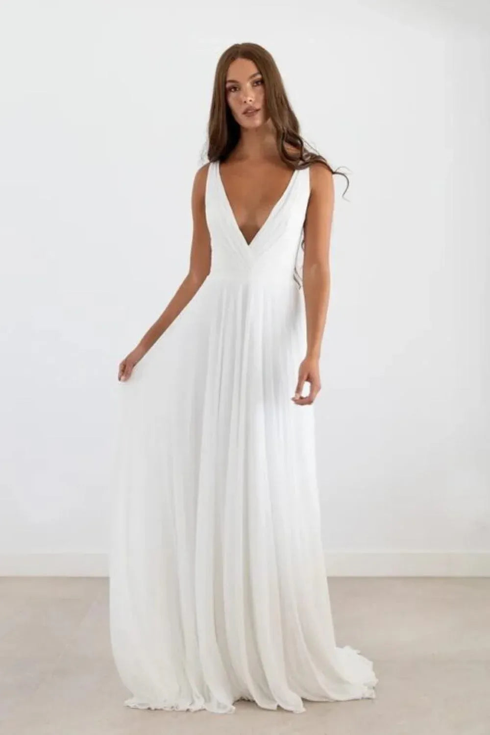 Deep V-Neck Chiffon A-Line Wedding Dress with Low Open Back - Minimalist Bridal Gown