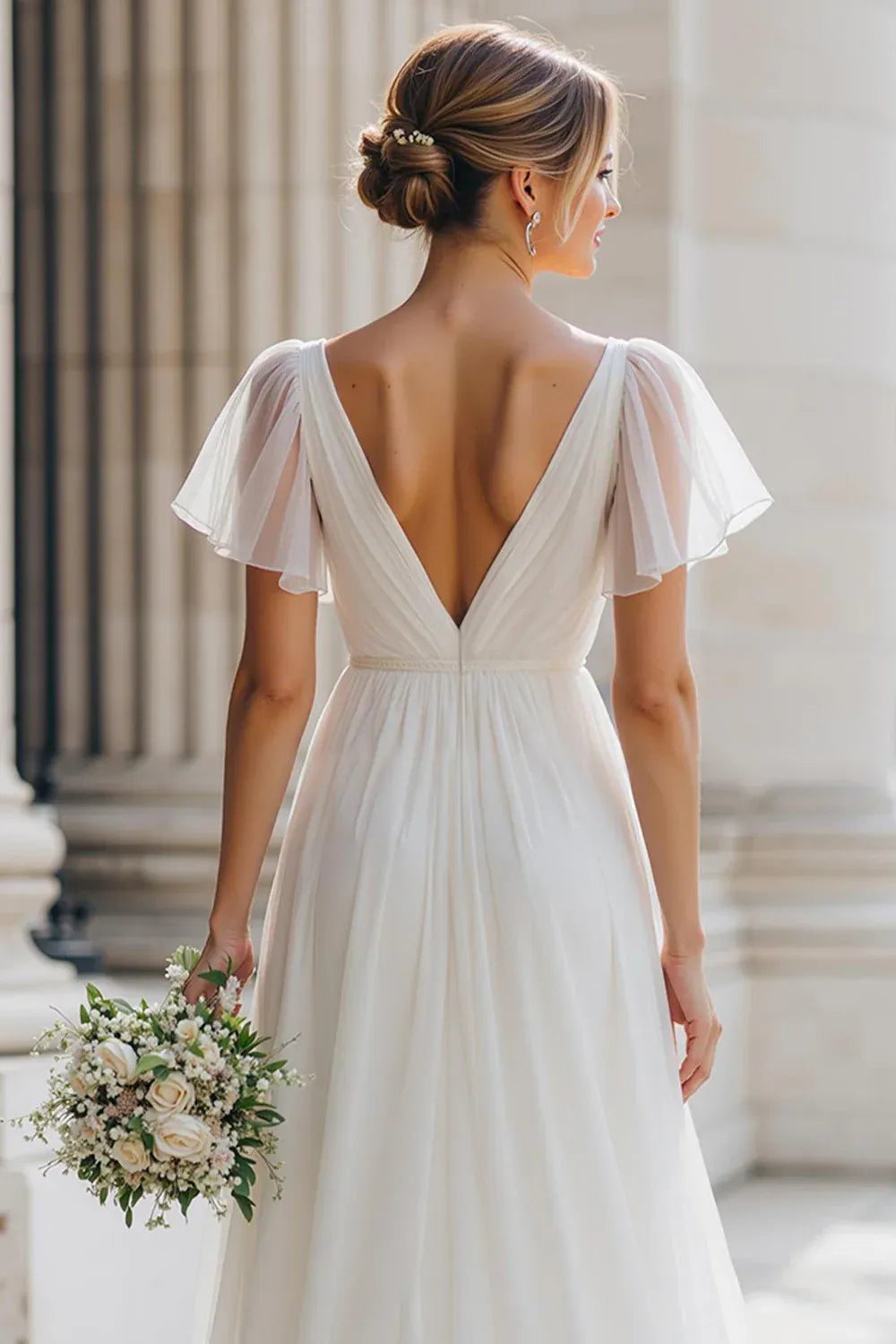 Deep V-Neck Chiffon A-Line Wedding Dress with Sheer Flutter Sleeves - Romantic Bridal Gown