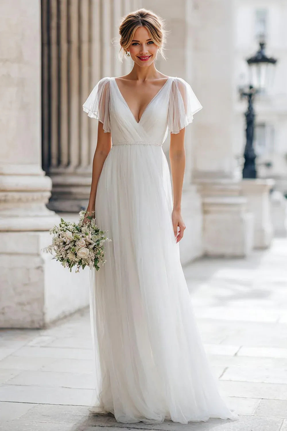 Deep V-Neck Chiffon A-Line Wedding Dress with Sheer Flutter Sleeves - Romantic Bridal Gown