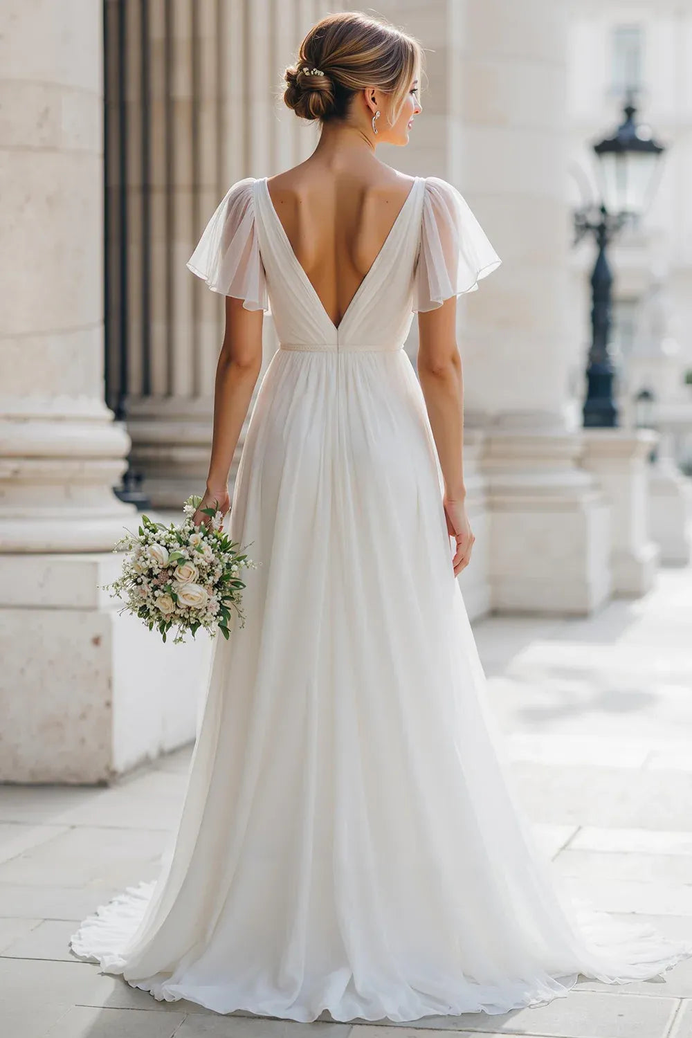 Deep V-Neck Chiffon A-Line Wedding Dress with Sheer Flutter Sleeves - Romantic Bridal Gown