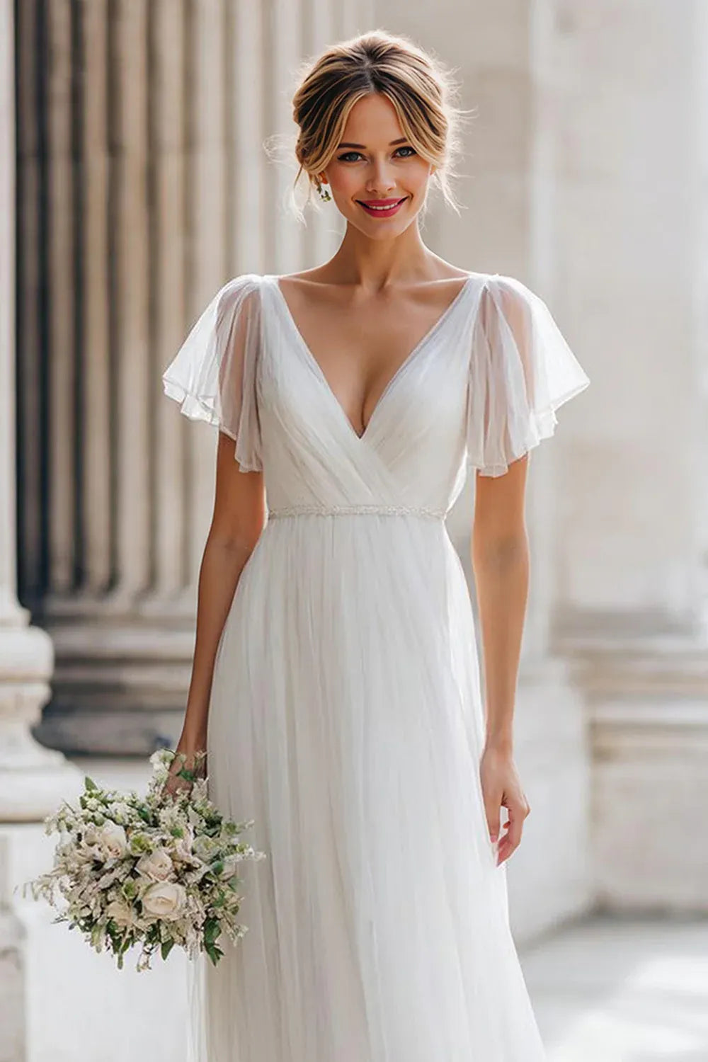 Deep V-Neck Chiffon A-Line Wedding Dress with Sheer Flutter Sleeves - Romantic Bridal Gown