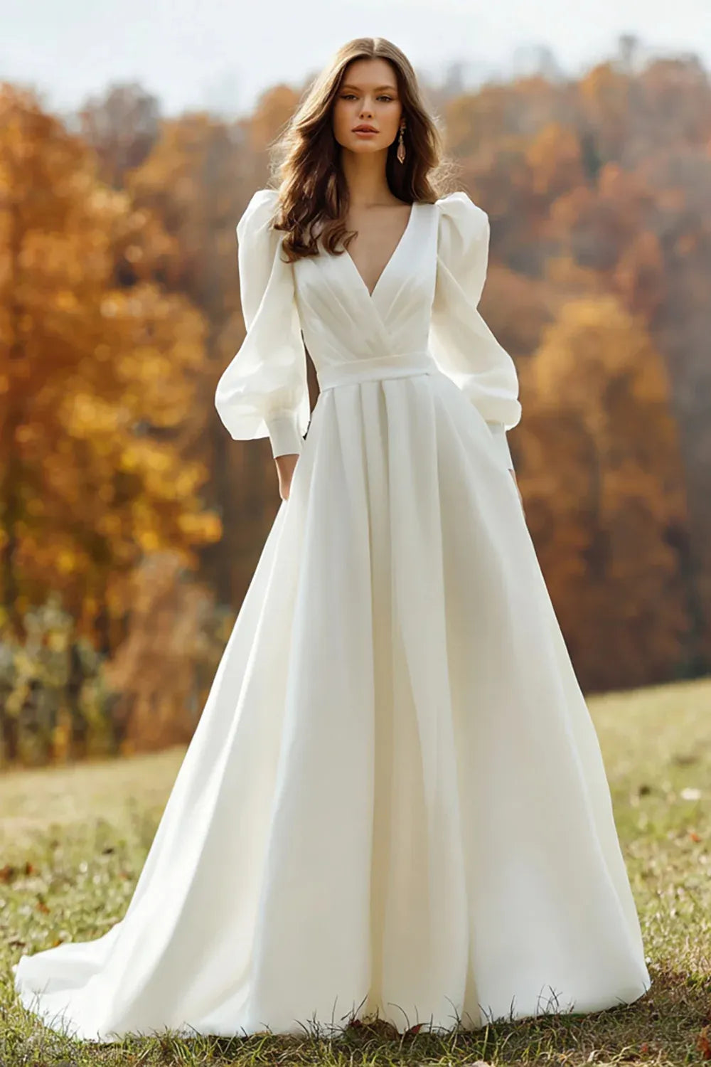 Deep V-Neck Crepe A-Line Wedding Dress with Puff Long Sleeves and Pockets - Modern Bridal Gown