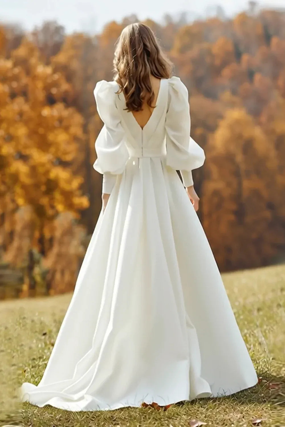 Deep V-Neck Crepe A-Line Wedding Dress with Puff Long Sleeves and Pockets - Modern Bridal Gown