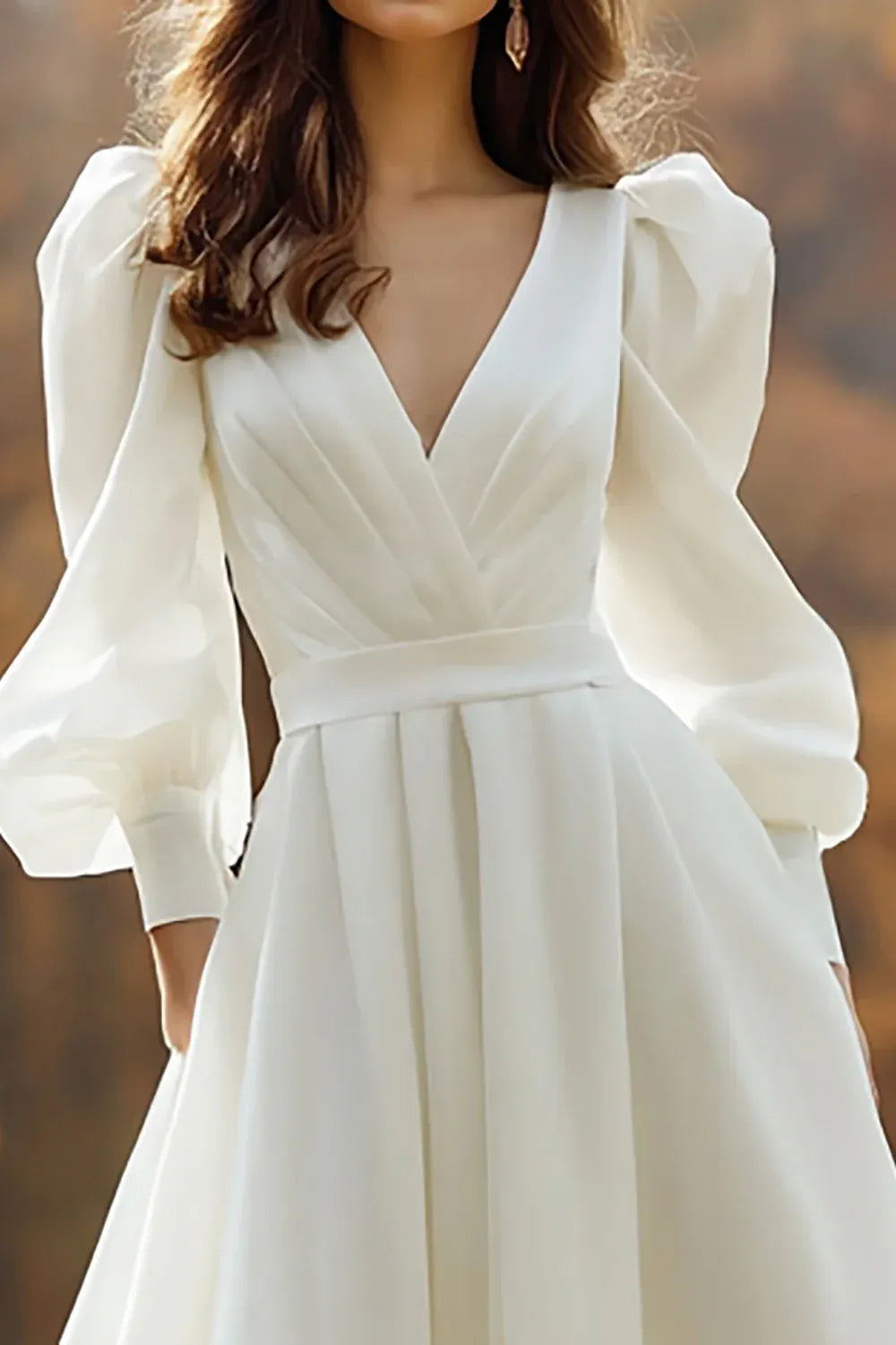 Deep V-Neck Crepe A-Line Wedding Dress with Puff Long Sleeves and Pockets - Modern Bridal Gown