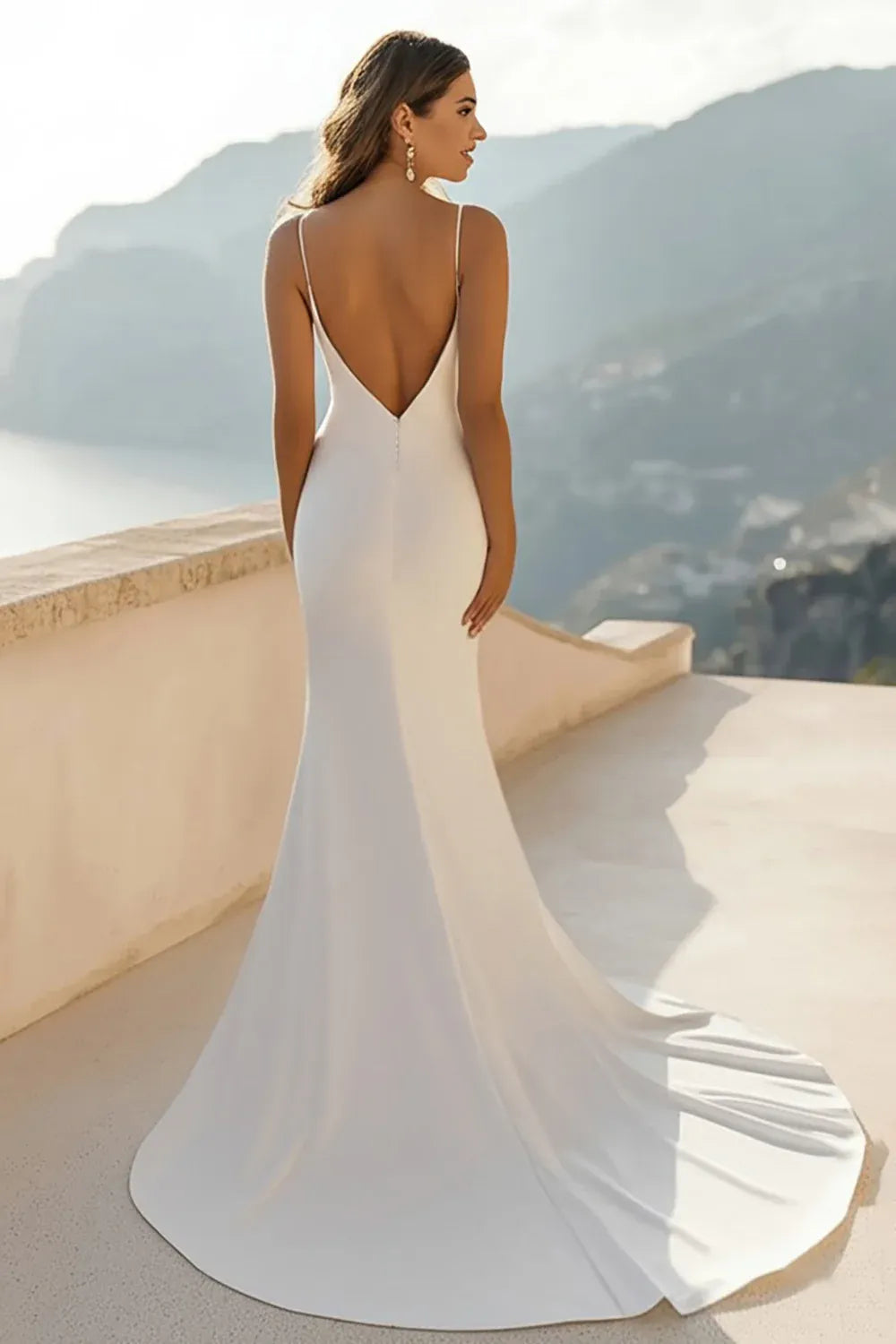 Deep V-Neck Crepe Mermaid Wedding Dress with Low Open Back - Minimalist Bridal Gown