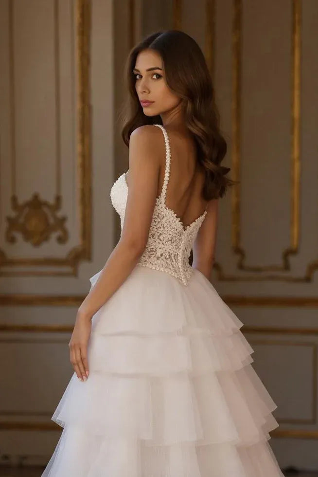 Deep V-Neck Lace Tiered Tulle Wedding Dress with Slit - Modern Romantic Bridal Gown