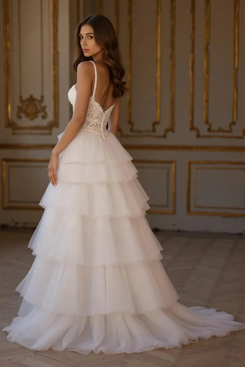 Deep V-Neck Lace Tiered Tulle Wedding Dress with Slit - Modern Romantic Bridal Gown