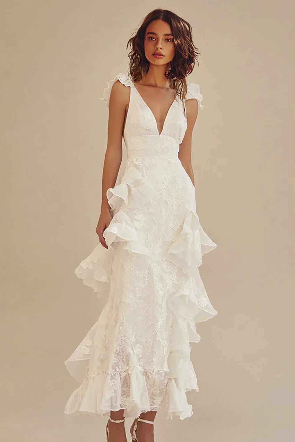 Deep V-Neck Lace Wedding Dress with Ruffle Straps & Ruffle Hem - Bohemian Bridal Gown