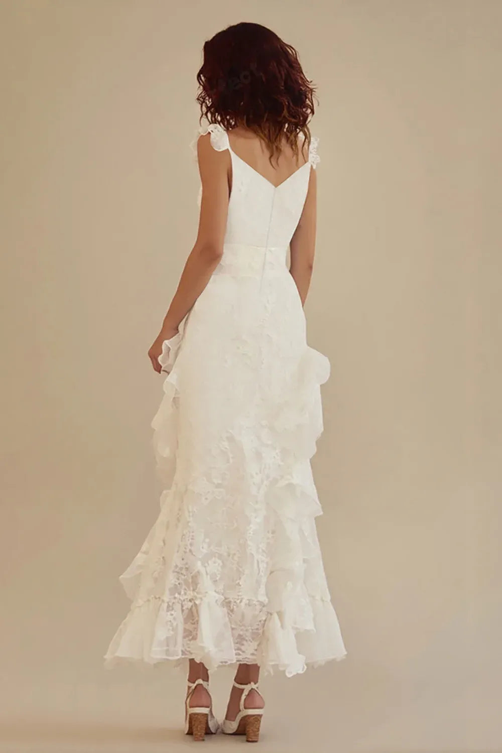 Deep V-Neck Lace Wedding Dress with Ruffle Straps & Ruffle Hem - Bohemian Bridal Gown