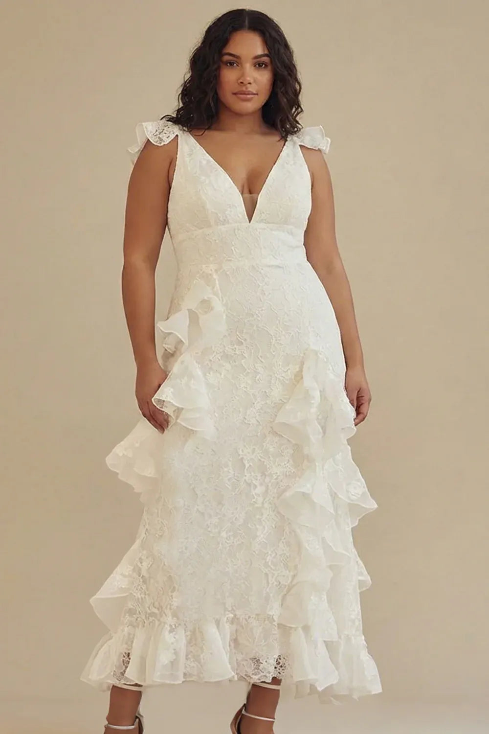 Deep V-Neck Lace Wedding Dress with Ruffle Straps & Ruffle Hem - Bohemian Bridal Gown