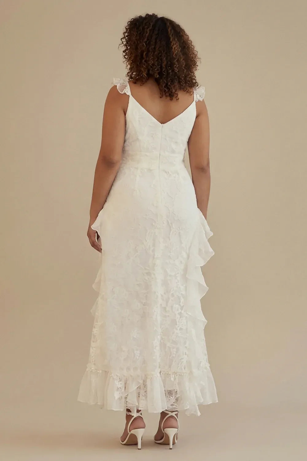 Deep V-Neck Lace Wedding Dress with Ruffle Straps & Ruffle Hem - Bohemian Bridal Gown