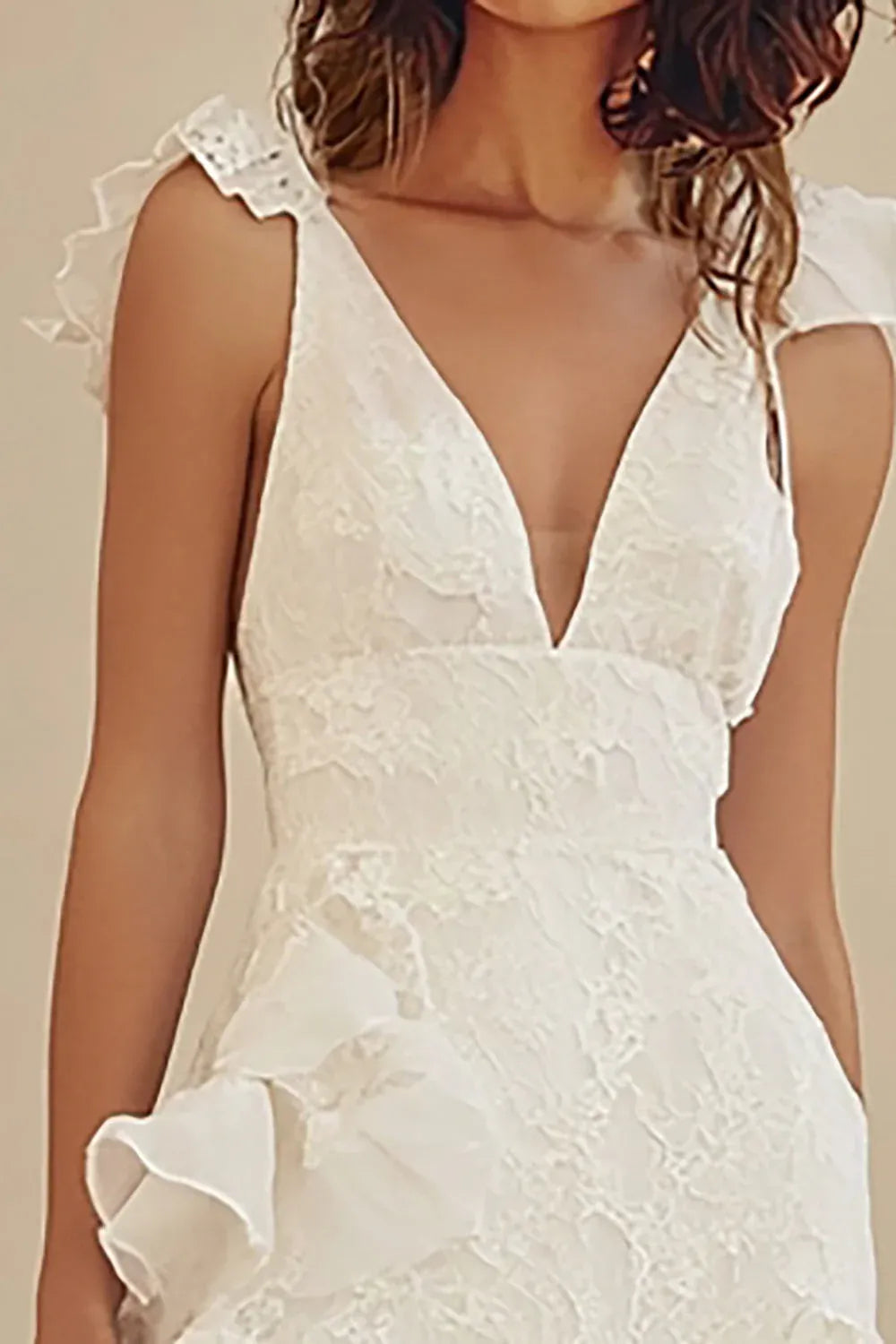 Deep V-Neck Lace Wedding Dress with Ruffle Straps & Ruffle Hem - Bohemian Bridal Gown