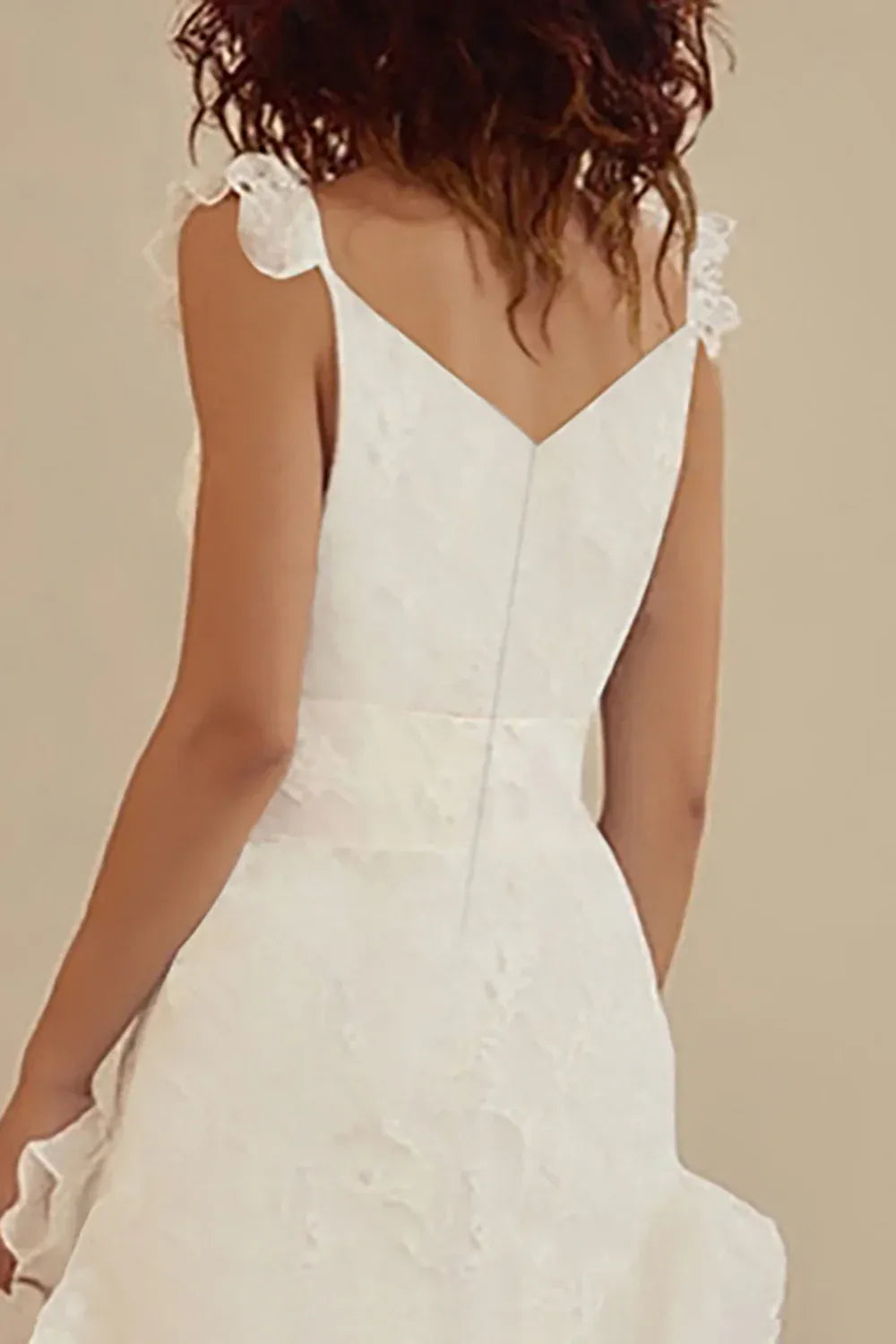 Deep V-Neck Lace Wedding Dress with Ruffle Straps & Ruffle Hem - Bohemian Bridal Gown