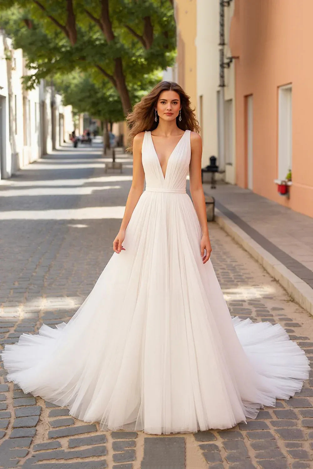 Deep V-Neck Pleated Chiffon A-Line Wedding Dress with Low V-Back - Modern Romantic Bridal Gown