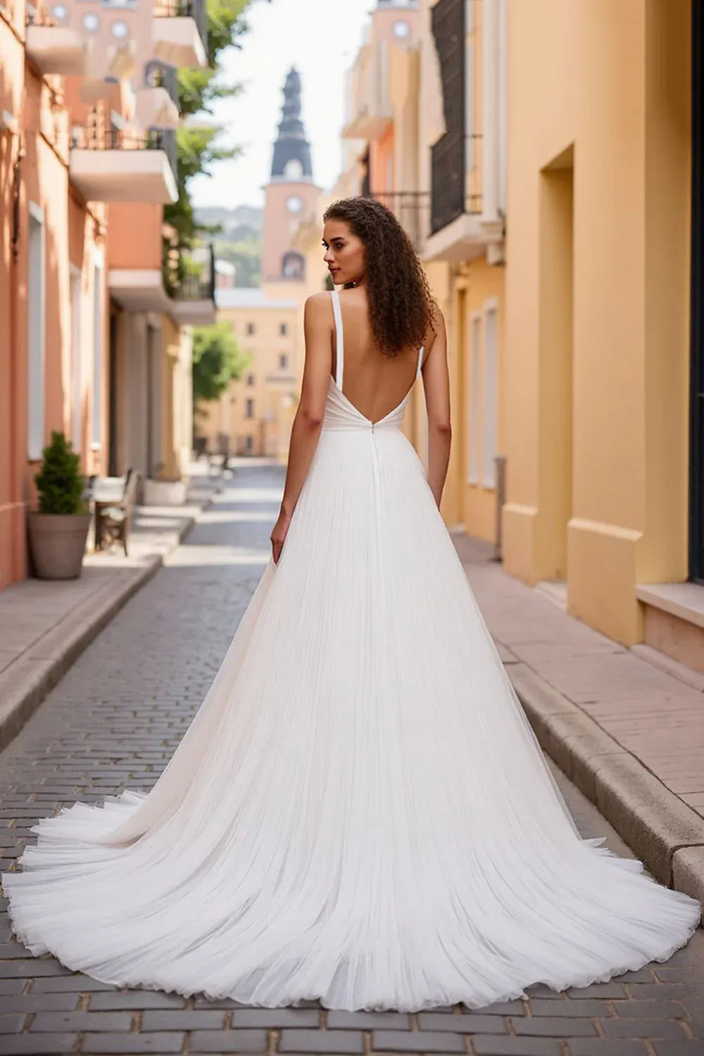 Deep V-Neck Pleated Chiffon A-Line Wedding Dress with Low V-Back - Modern Romantic Bridal Gown