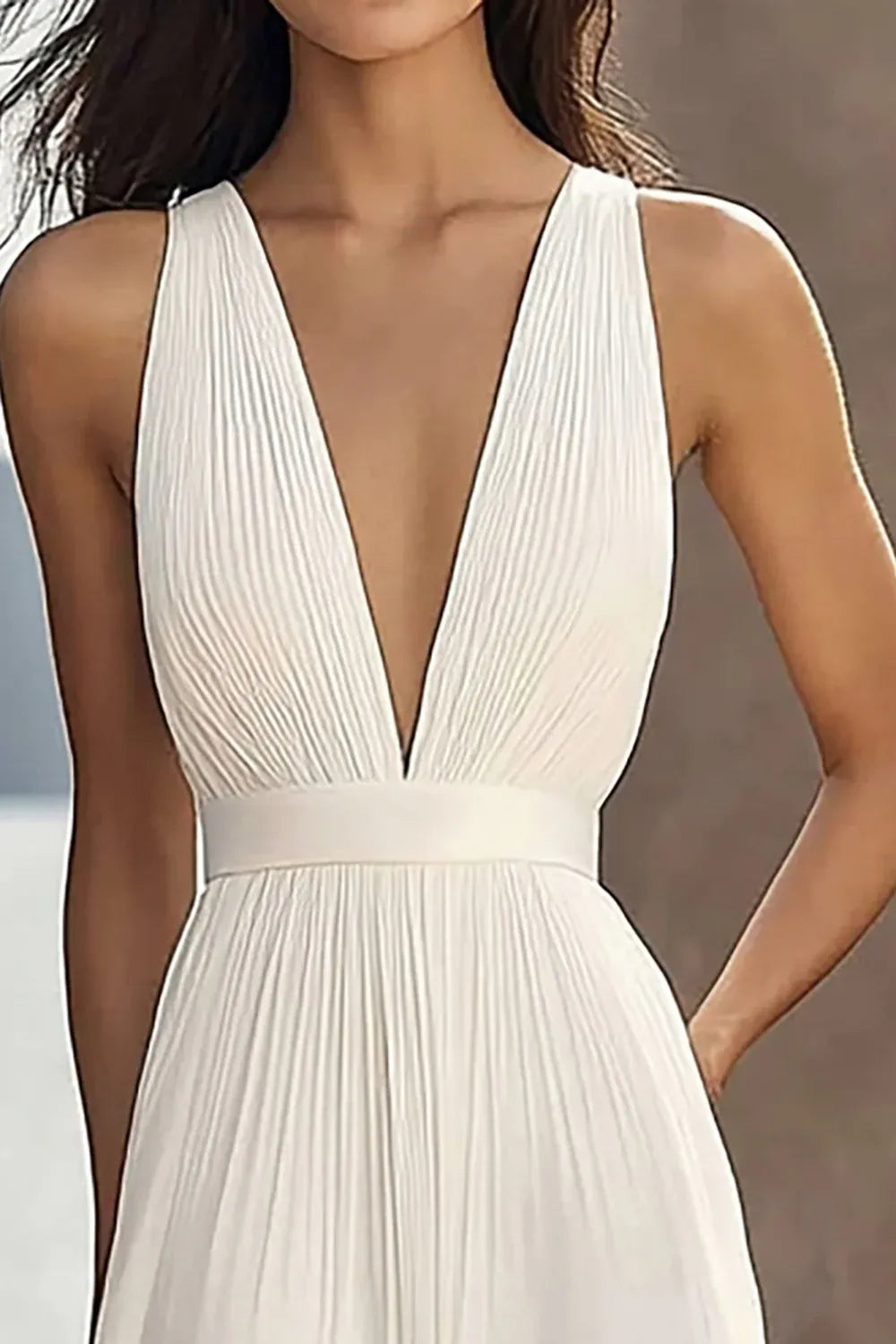Deep V-Neck Pleated Chiffon A-Line Wedding Dress with Matching V-Back - Modern Bridal Gown