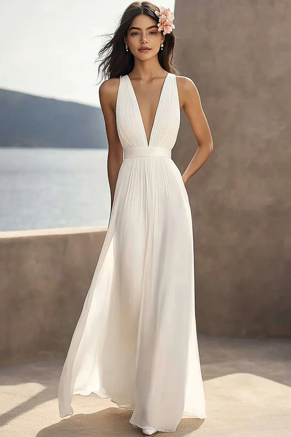 Deep V-Neck Pleated Chiffon A-Line Wedding Dress with Matching V-Back - Modern Bridal Gown