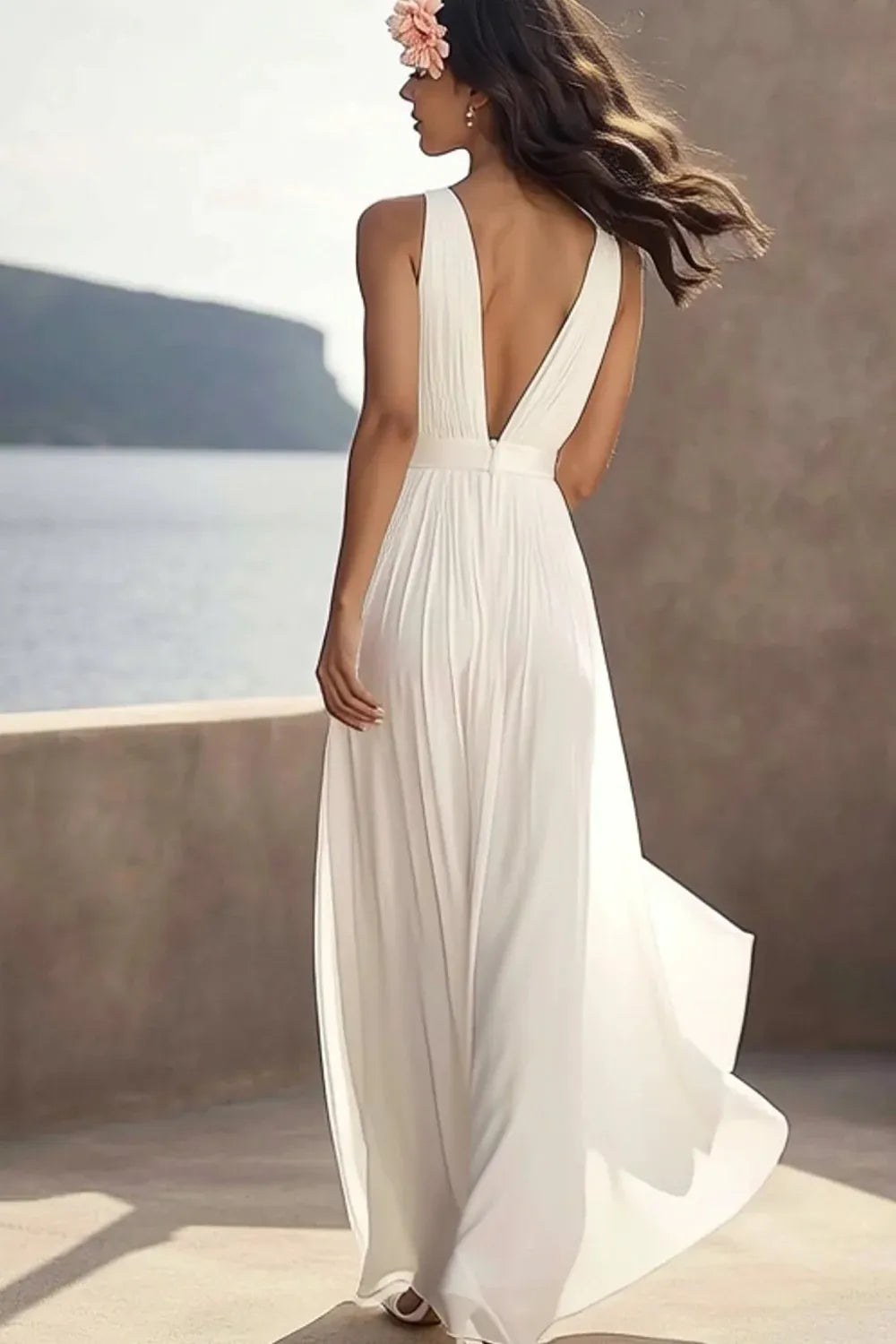 Deep V-Neck Pleated Chiffon A-Line Wedding Dress with Matching V-Back - Modern Bridal Gown
