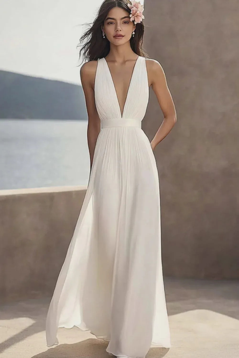 Deep V-Neck Pleated Chiffon A-Line Wedding Dress with Matching V-Back - Modern Bridal Gown