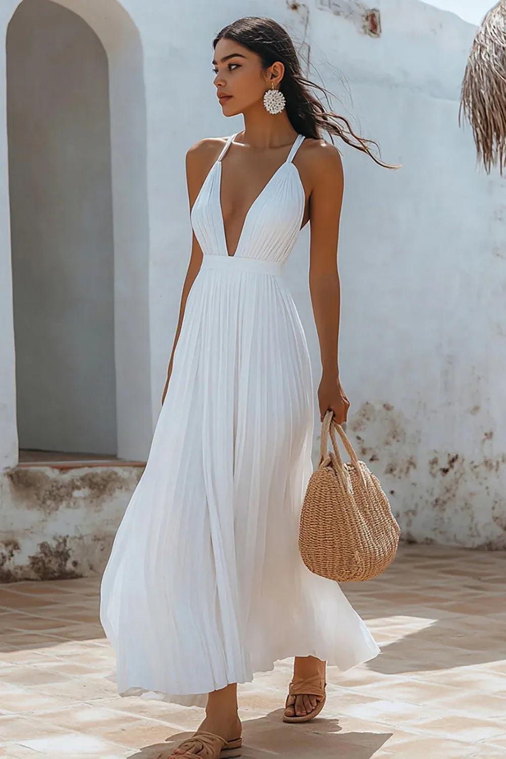 Deep V-Neck Pleated Chiffon Maxi Wedding Dress with Crisscross Back - Bohemian Bridal Gown