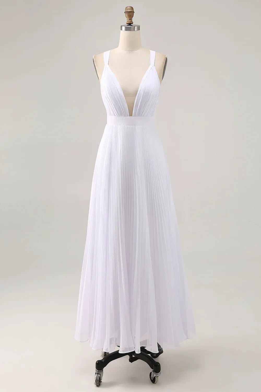 Deep V-Neck Pleated Chiffon Maxi Wedding Dress with Crisscross Back - Bohemian Bridal Gown