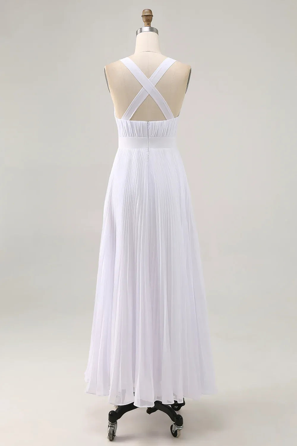 Deep V-Neck Pleated Chiffon Maxi Wedding Dress with Crisscross Back - Bohemian Bridal Gown