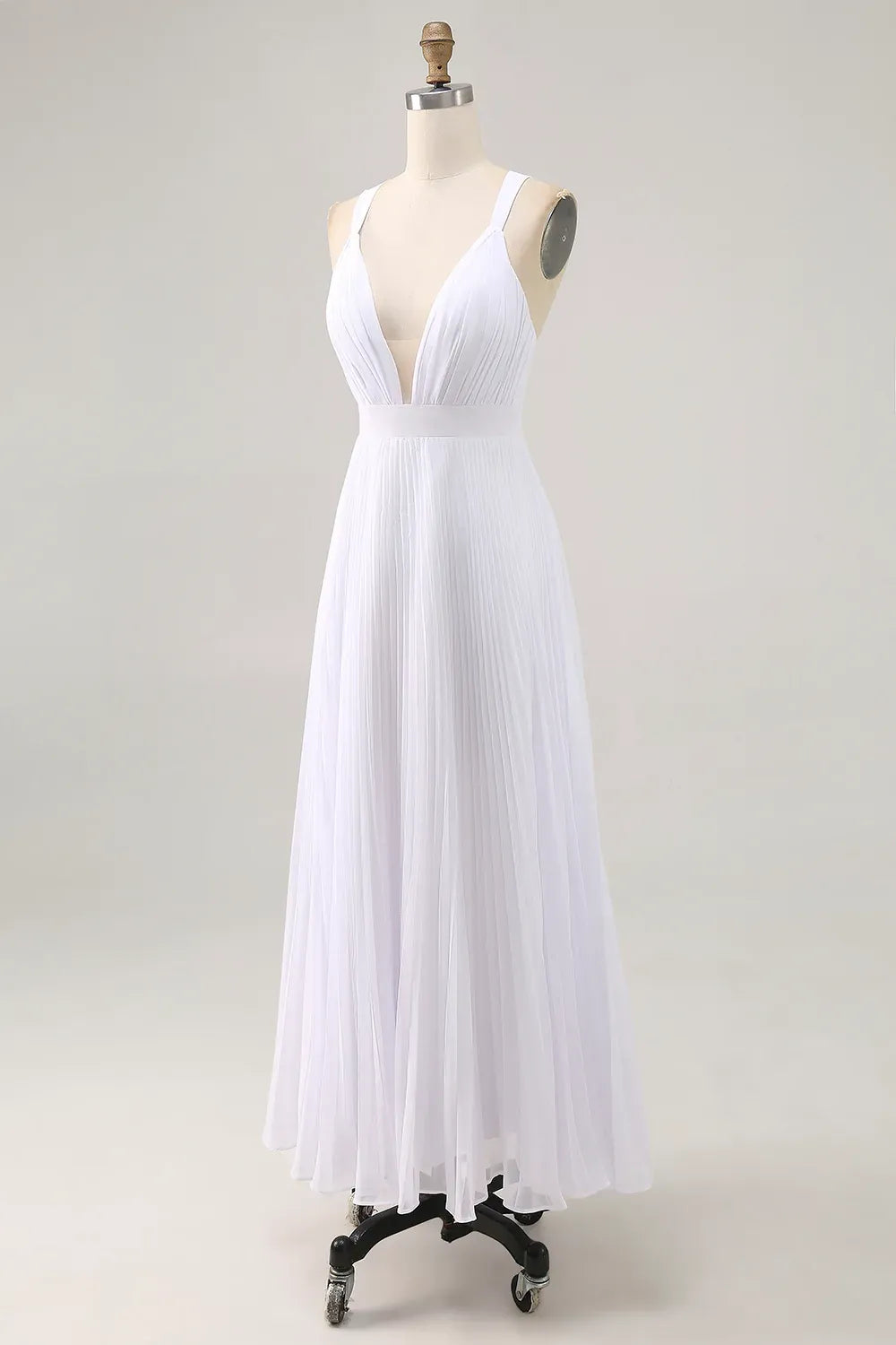 Deep V-Neck Pleated Chiffon Maxi Wedding Dress with Crisscross Back - Bohemian Bridal Gown