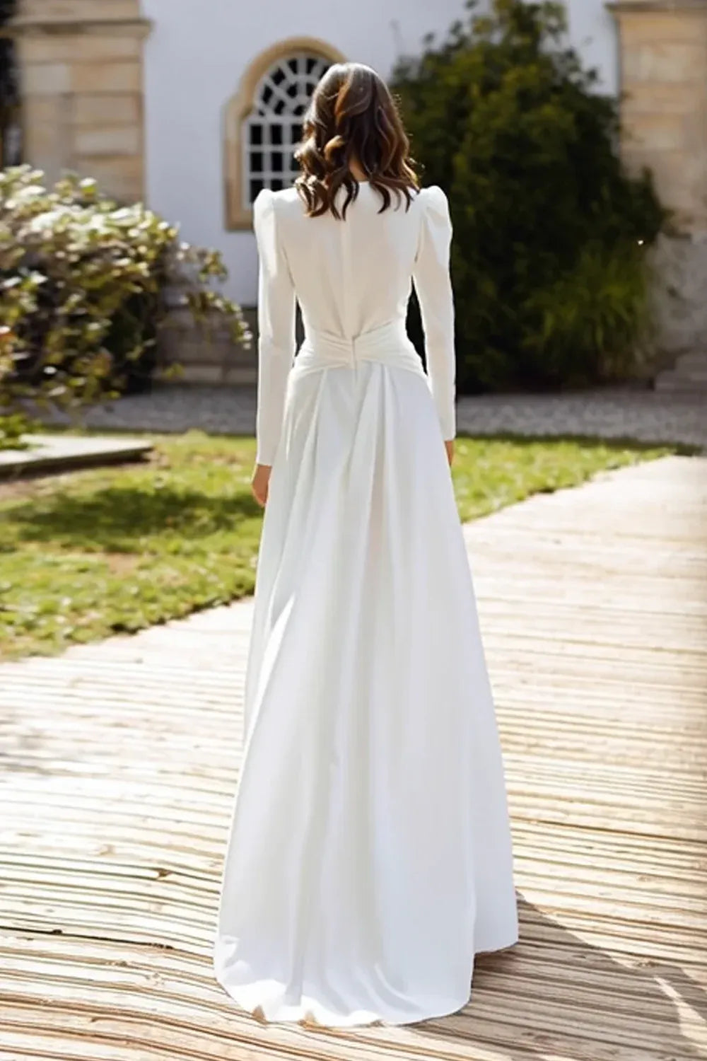Deep V-Neck Ruched Chiffon A-Line Wedding Dress with Puff Long Sleeves and Slit - Modern Bridal Gown