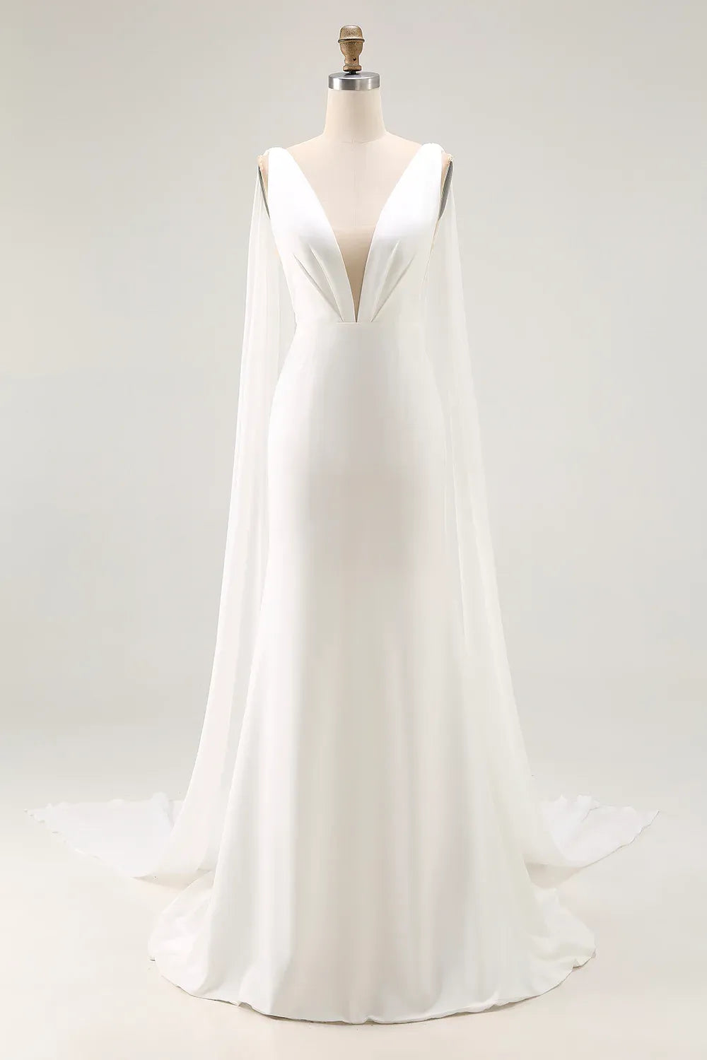Deep V-Neck Satin Mermaid Wedding Dress with Capelet