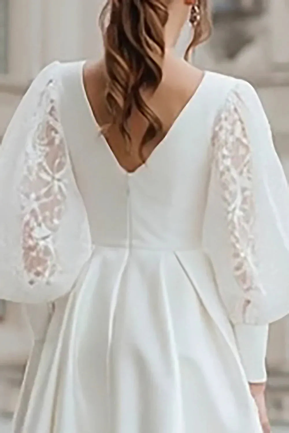 Deep V-Neck Satin Short Wedding Dress with Lace Puff Sleeves - Modern Bridal Gown