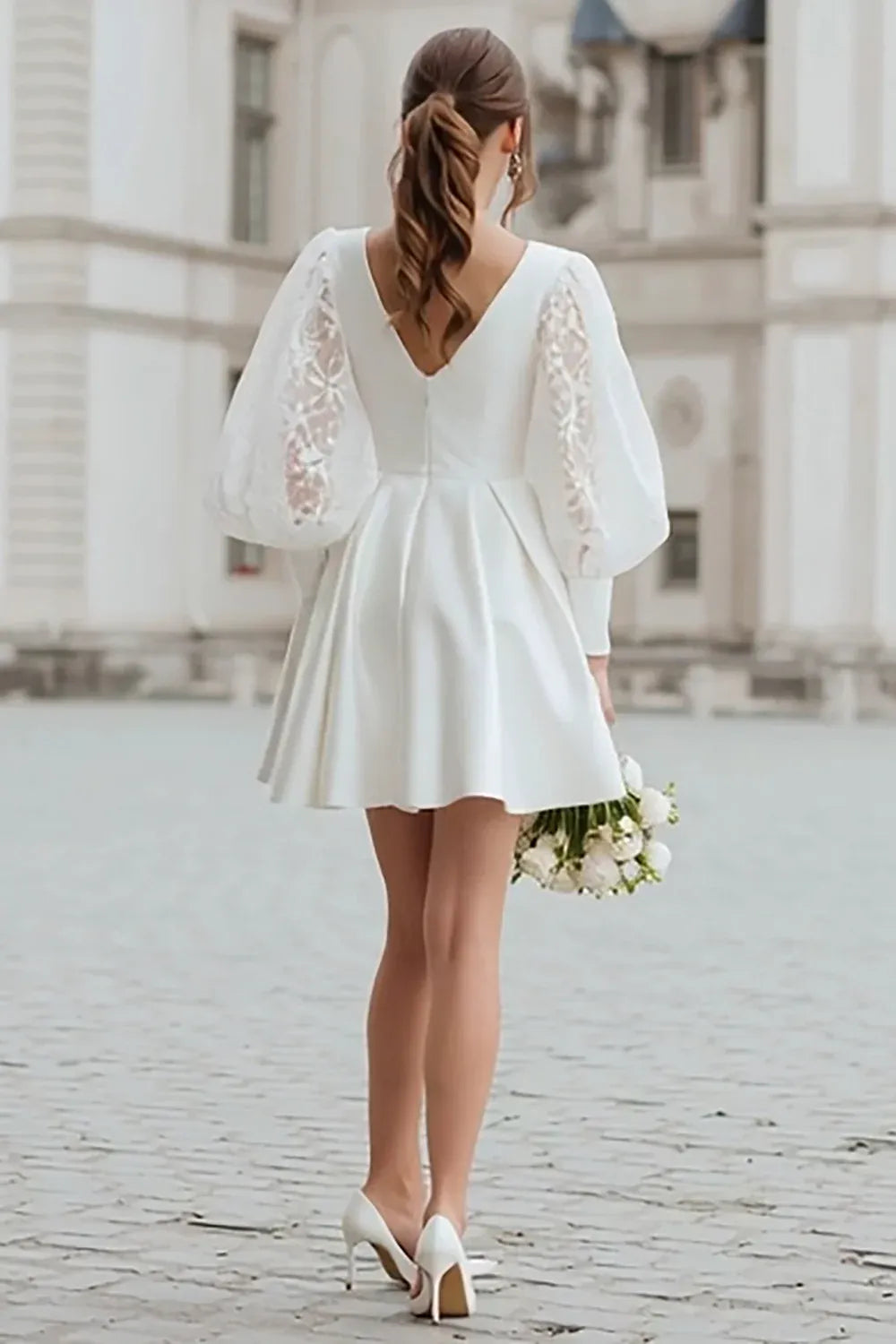 Deep V-Neck Satin Short Wedding Dress with Lace Puff Sleeves - Modern Bridal Gown