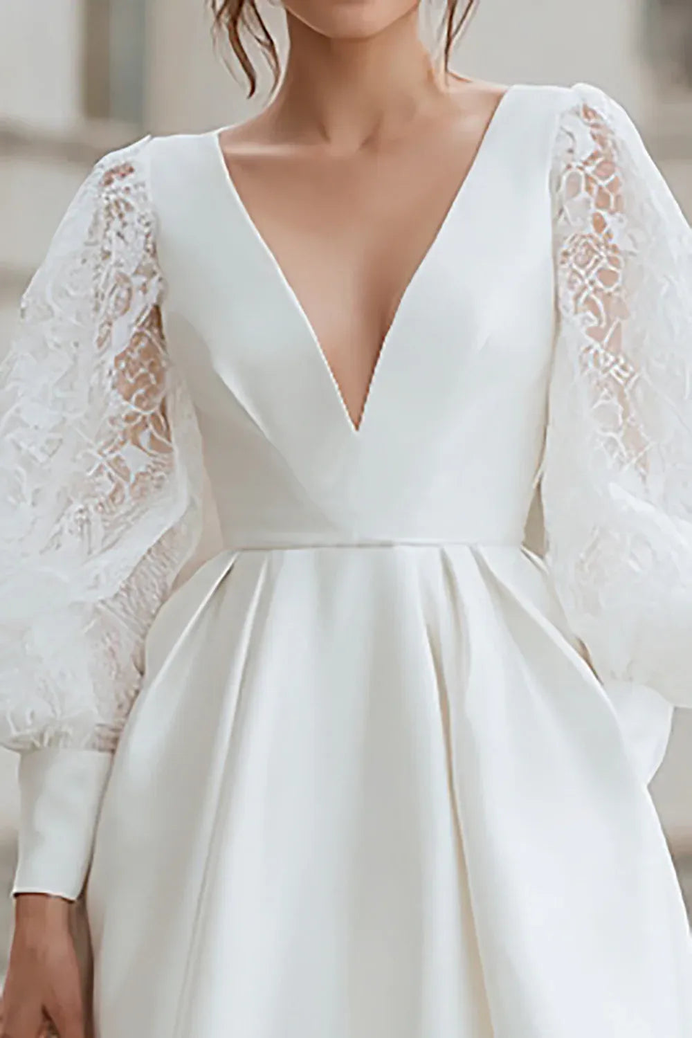 Deep V-Neck Satin Short Wedding Dress with Lace Puff Sleeves - Modern Bridal Gown