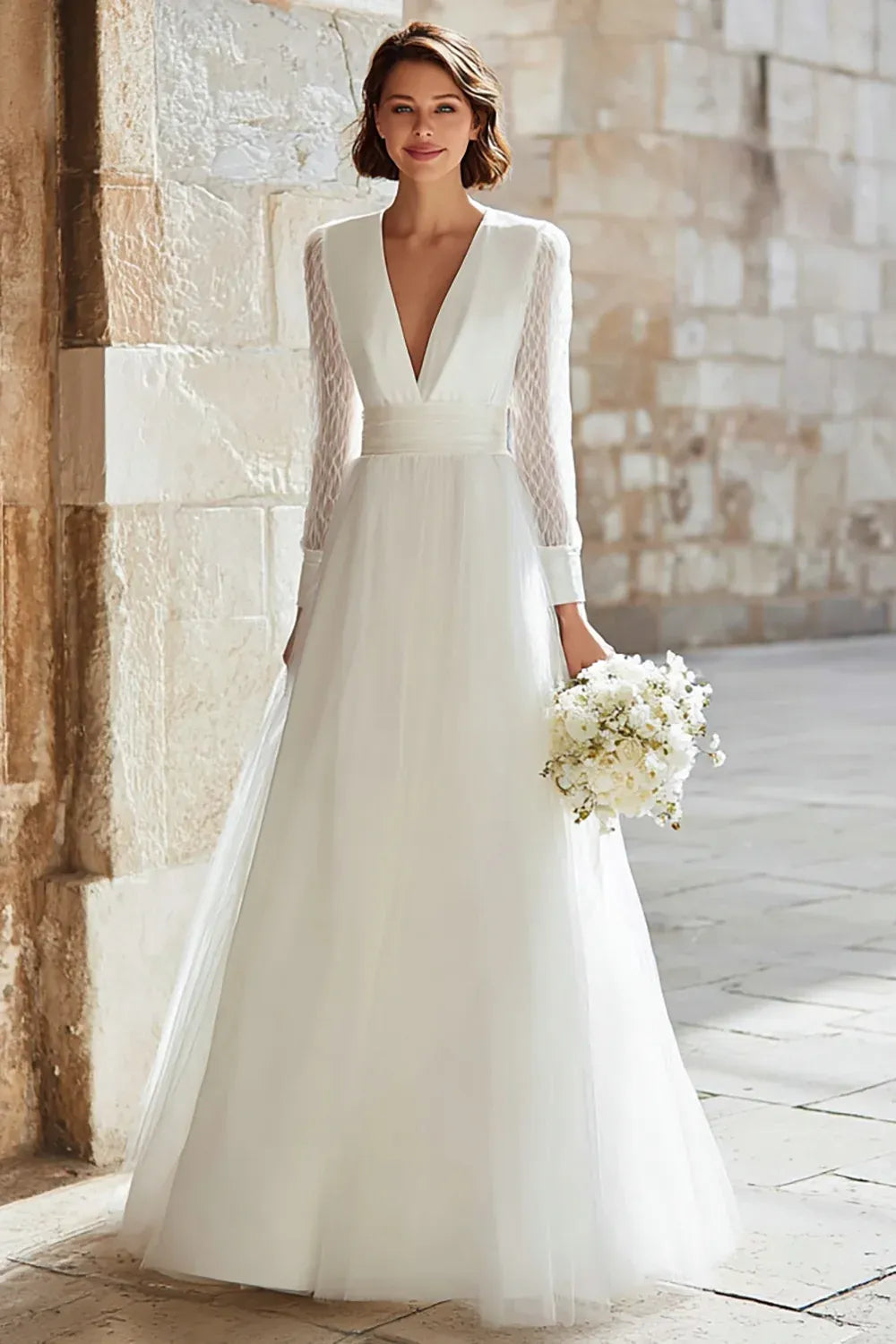 Deep V-Neck Tulle A-Line Wedding Dress with Illusion Mesh Sleeves - Romantic Bridal Gown