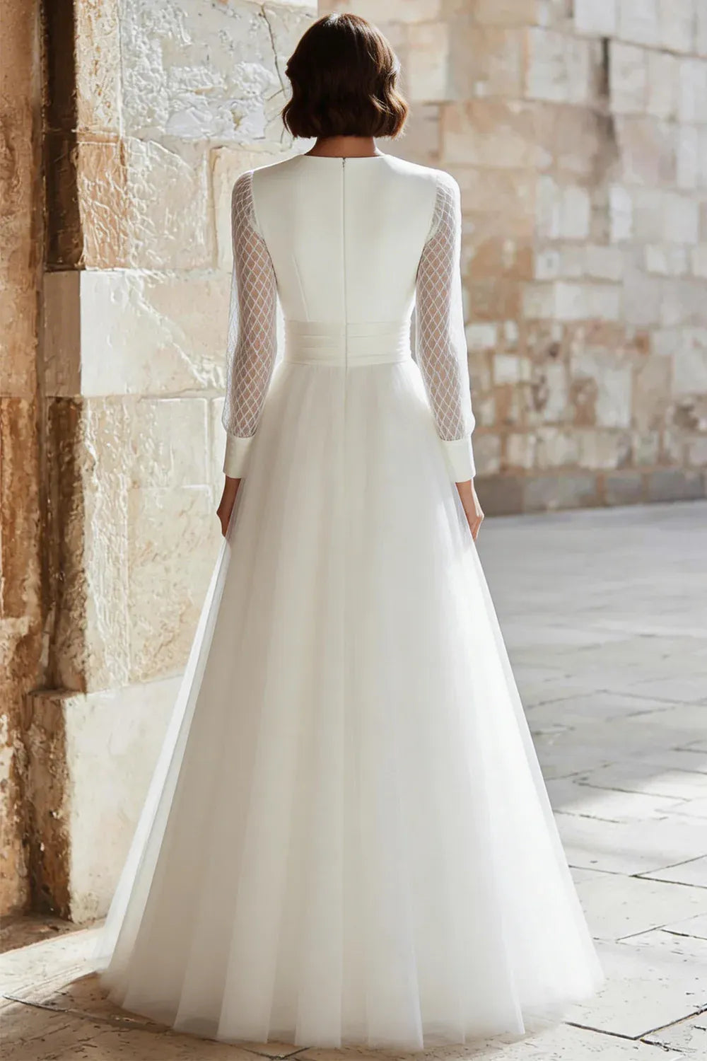Deep V-Neck Tulle A-Line Wedding Dress with Illusion Mesh Sleeves - Romantic Bridal Gown