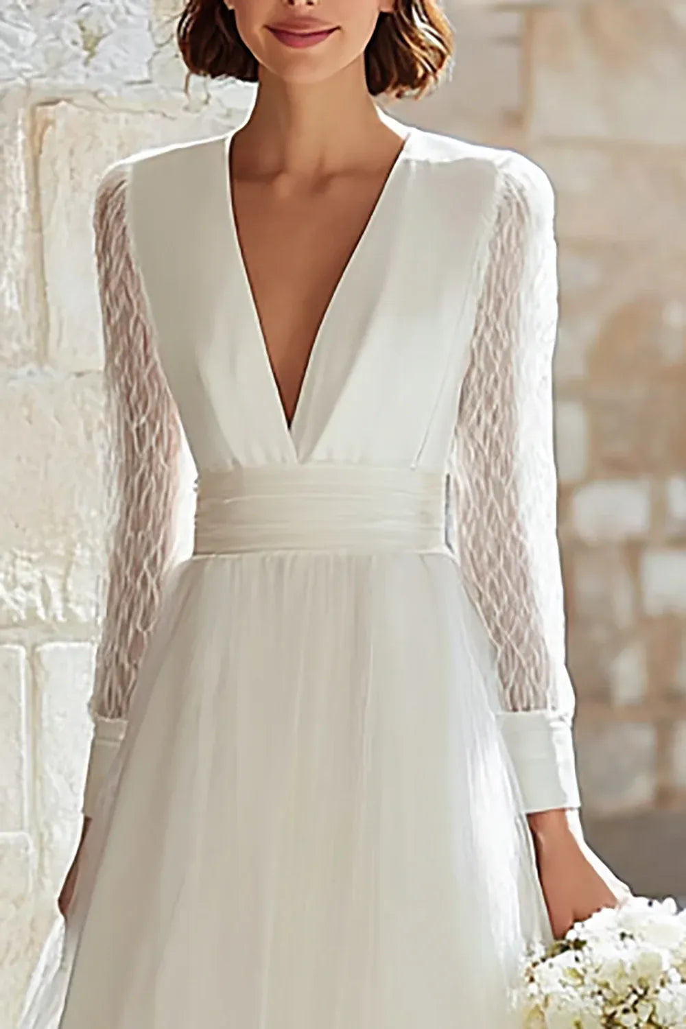 Deep V-Neck Tulle A-Line Wedding Dress with Illusion Mesh Sleeves - Romantic Bridal Gown