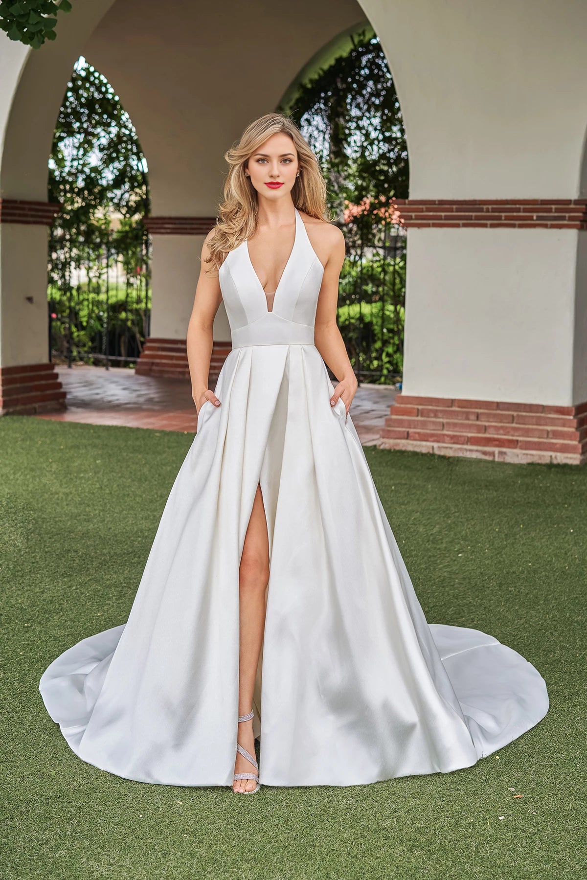 Deep V-neck hanging neck sleeveless backless side slit and floor length wedding dress